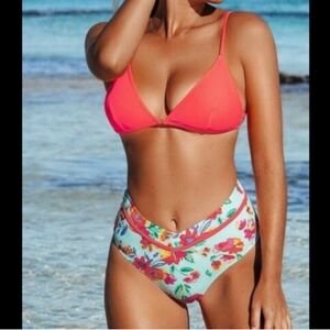 Cupshe Neon Pink Top Floral Bottoms Bikini